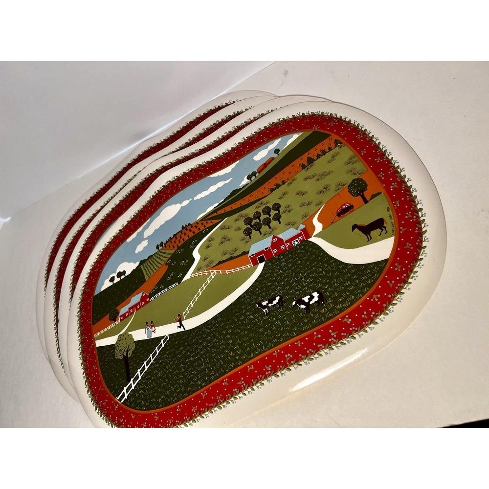 1980s Vintage Folk Art Plastic Placemat Set Of 4 Christine Graf Farm Scene Cozy
